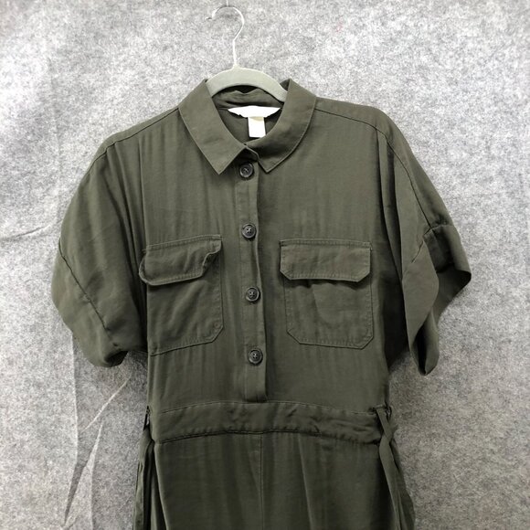 H&M Wide Leg Utility Jumpsuit Womens 6 Army Green Tie Waist Short Sleeve - Picture 3 of 11
